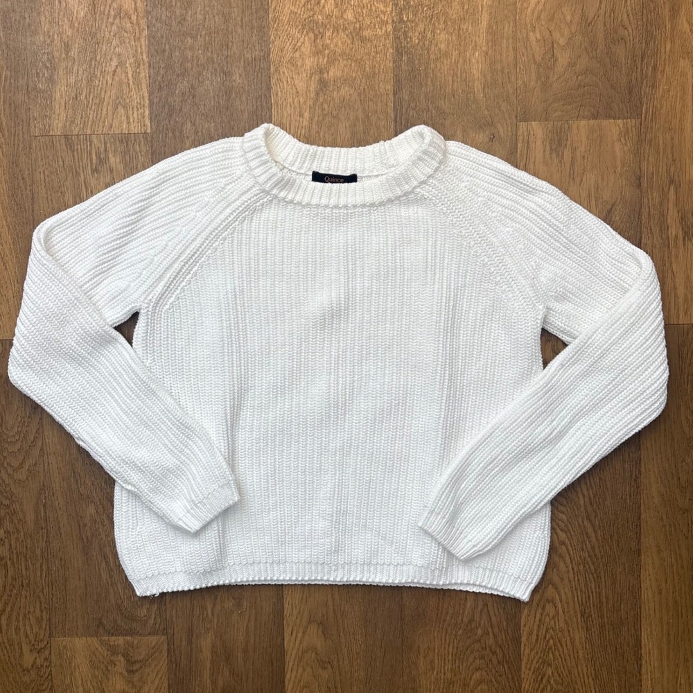 Quince Womens 100% Organic Cotton Ribbed Neck Knit White Fishermans CrewSweater